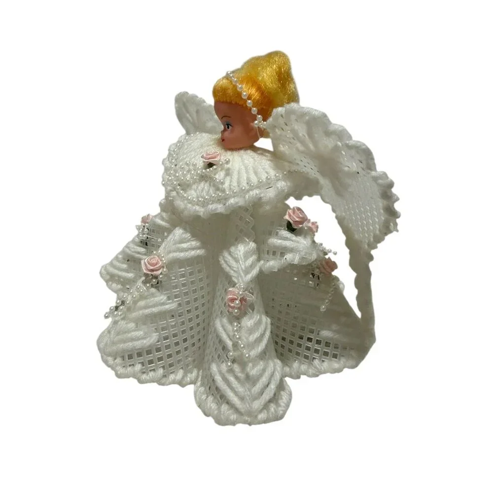 Plastic Canvas Vintage Christmas Angel Roses Blonde Hair Tree Topper Decor